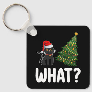 Black Cat What Pushing Christmas Tree Funny Keychain