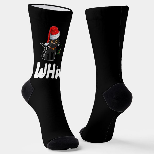 Black Cat What Pushing Christmas Tree Funny Socks (Angled)