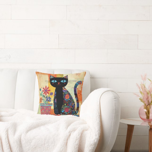Black Cat Whimsical Artwork Throw Pillow (Couch)