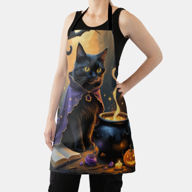 Black Cat Whimsical Halloween Painting Apron (Insitu)
