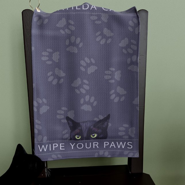 Black Cat Wipe Your Paws Pet Name Golf Towel (A peeking black cat golf towel with text you can personalize. Add your name! )