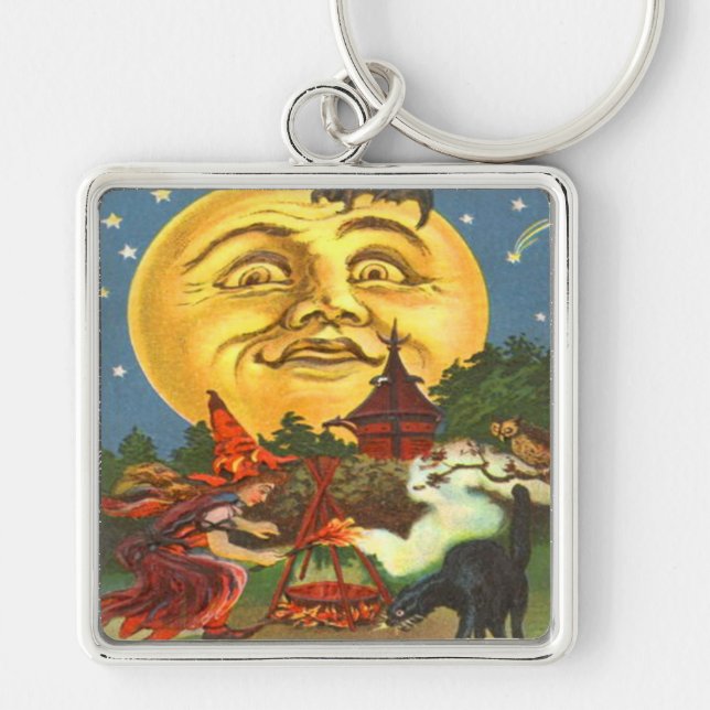 Black Cat Witch Bat Full Moon Keychain (Front)