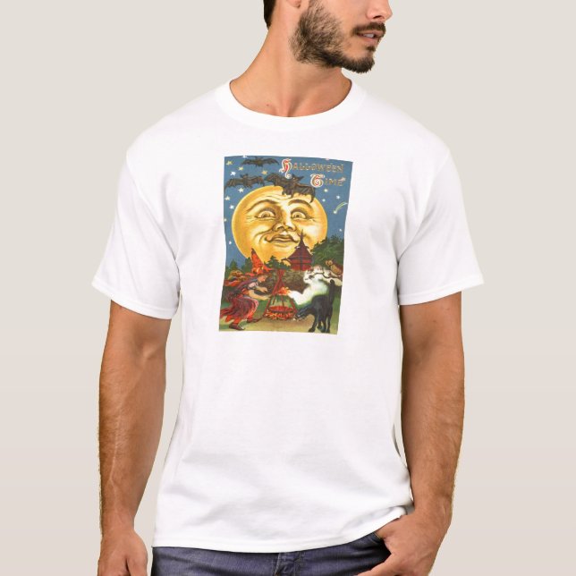 Black Cat Witch Bat Full Moon T-Shirt (Front)