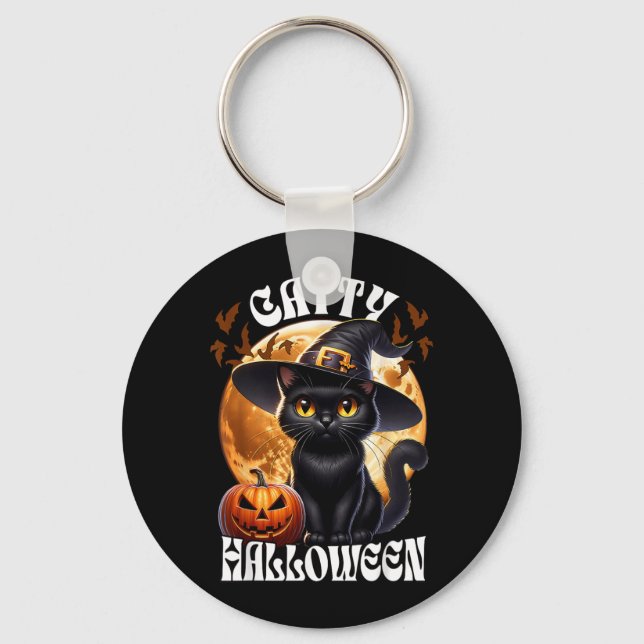 Black Cat Witch Catty Halloween Black Cat Keychain (Front)