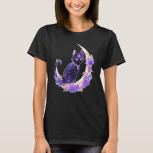 Black Cat Witch Crescent Moon Witchy Crystal Paste T-Shirt