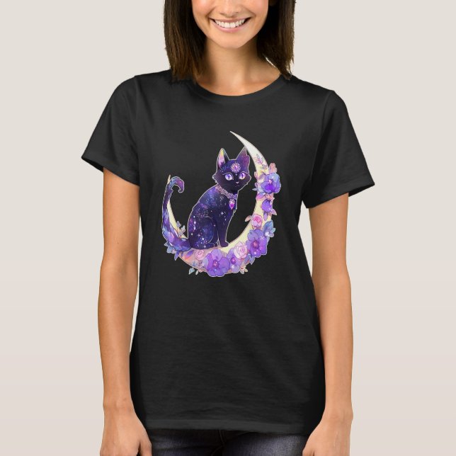 Black Cat Witch Crescent Moon Witchy Crystal Paste T-Shirt (Front)