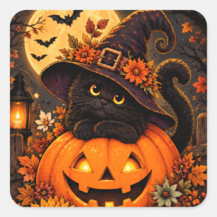 Black Cat Witch Halloween Pumpkin Fall Autumn Cute Square Sticker