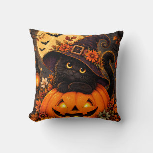 Black Cat Witch Halloween Pumpkin Fall Autumn Cute Throw Pillow