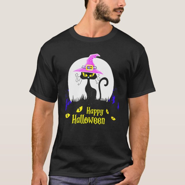 Black Cat Witch Happy Halloween Moon  T-Shirt (Front)