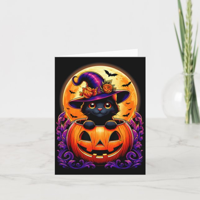 Black Cat Witch Hat Pumpkin Funny Halloween Men Card (Front)