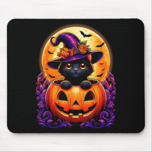 Black Cat Witch Hat Pumpkin Funny Halloween Men Mouse Pad