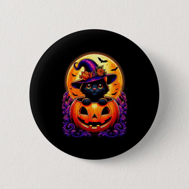 Black Cat Witch Hat Pumpkin Funny Halloween Men Wo 2 Inch Round Button (Front)