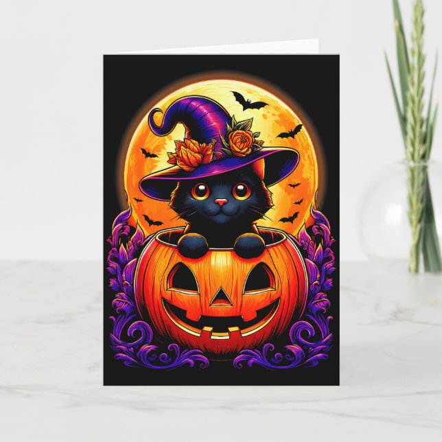 Black Cat Witch Hat Pumpkin Funny Halloween Men Wo Card (Front)