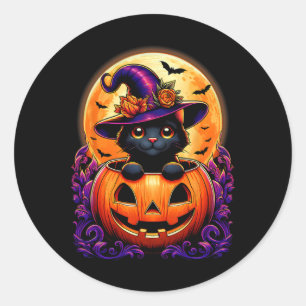 Black Cat Witch Hat Pumpkin Funny Halloween Men Wo Classic Round Sticker