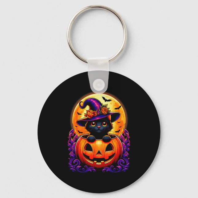 Black Cat Witch Hat Pumpkin Funny Halloween Men Wo Keychain (Front)