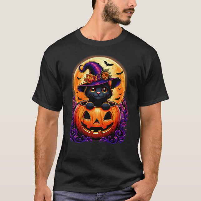 Black Cat Witch Hat Pumpkin Funny Halloween Men Wo T-Shirt (Front)