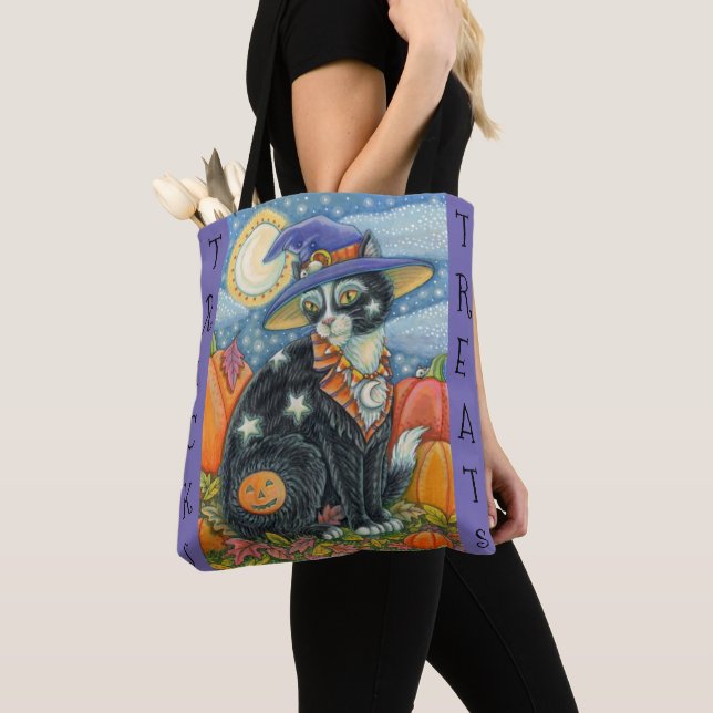 BLACK CAT WITCH & MOUSE HALLOWEEN TRICK OR TREAT TOTE BAG (Close Up)