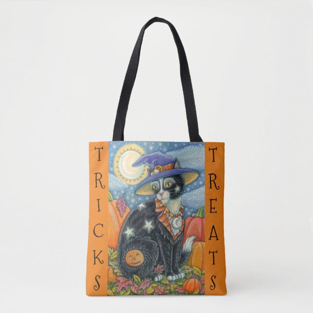 BLACK CAT WITCH & MOUSE HALLOWEEN TRICK OR TREAT TOTE BAG (Front)