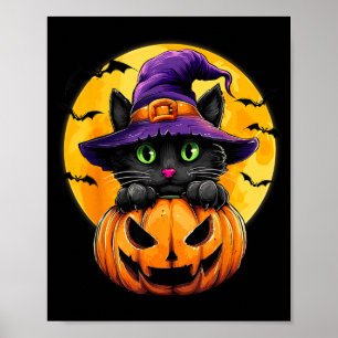 Black Cat Witch Pumpkin Bats Halloween Fall Autumn Poster