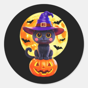 Black Cat Witch Pumpkin Halloween Costume Fall Classic Round Sticker