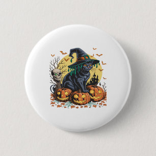 Black Cat Witch Scary Halloween Pumpkin Oversized  2 Inch Round Button