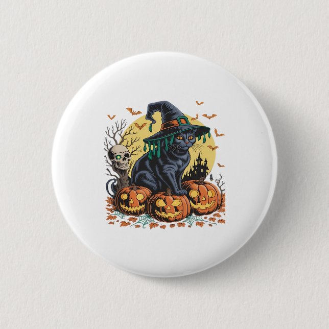 Black Cat Witch Scary Halloween Pumpkin Oversized  2 Inch Round Button (Front)