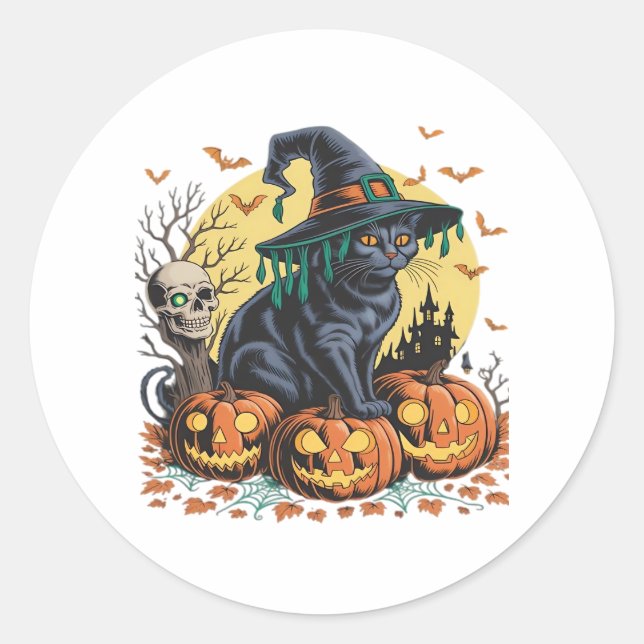 Black Cat Witch Scary Halloween Pumpkin Oversized  Classic Round Sticker (Front)