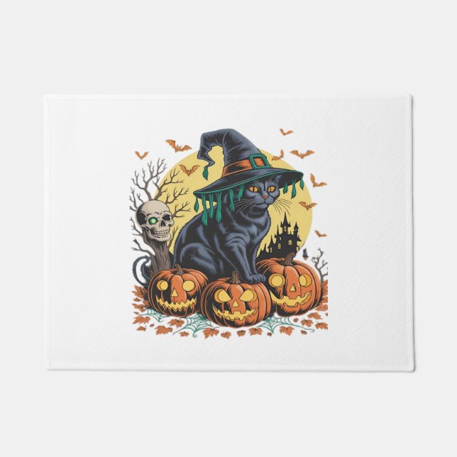 Black Cat Witch Scary Halloween Pumpkin Oversized  Doormat (Front)