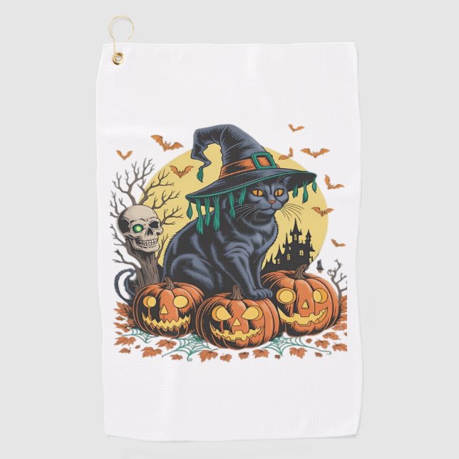 Black Cat Witch Scary Halloween Pumpkin Oversized  Golf Towel (Front)