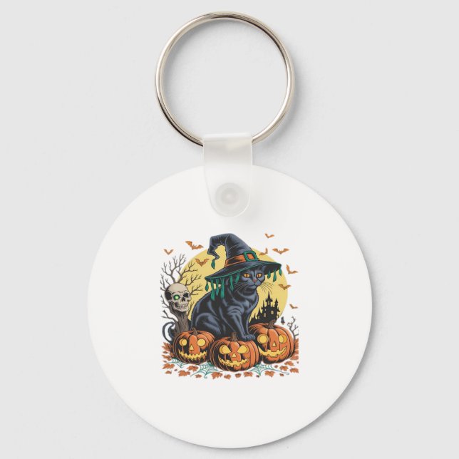 Black Cat Witch Scary Halloween Pumpkin Oversized  Keychain (Front)
