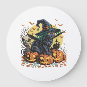 Black Cat Witch Scary Halloween Pumpkin Oversized  Large Clock