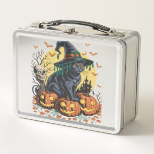 Black Cat Witch Scary Halloween Pumpkin Oversized Metal Lunch Box