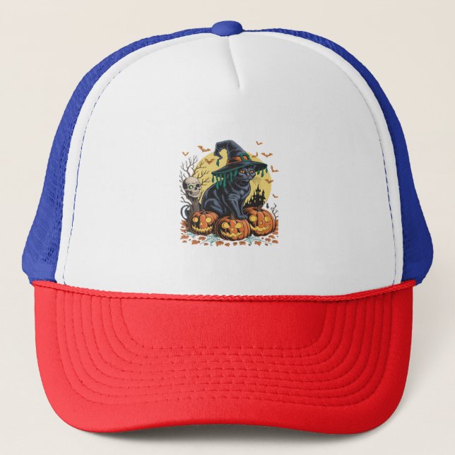 Black Cat Witch Scary Halloween Pumpkin Oversized  Trucker Hat (Front)