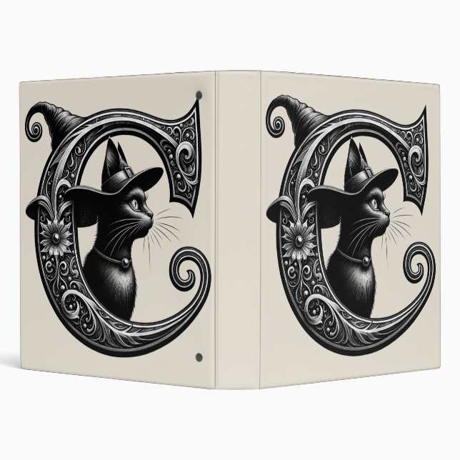 Black Cat Witch Witchy Letter C Custom Initial   Binder (Background)