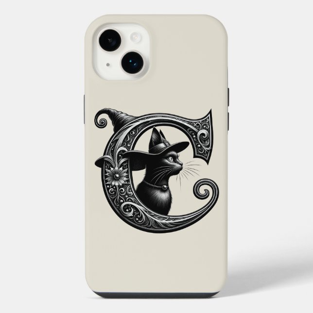Black Cat Witch Witchy Letter C Custom Initial  iPhone Case (Back)