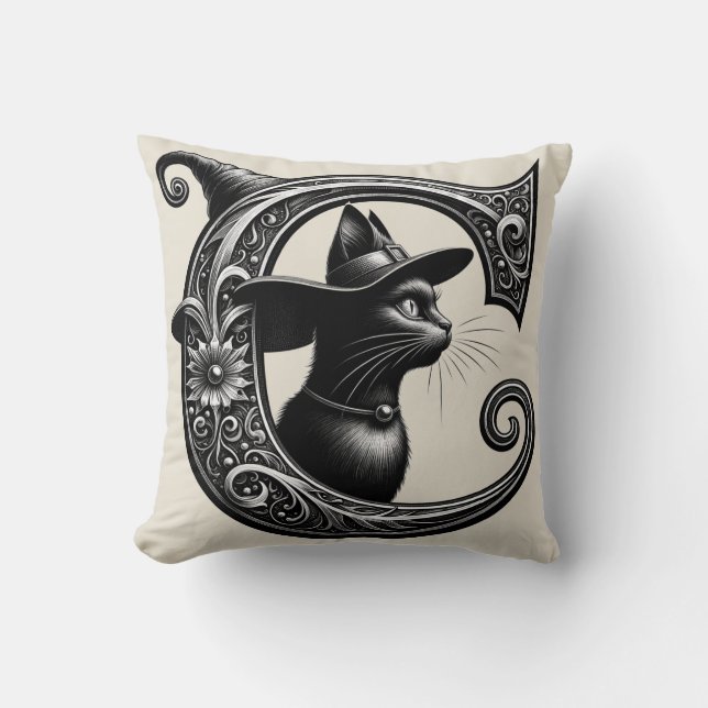 Black Cat Witch Witchy Letter C Custom Initial   Throw Pillow (Front)