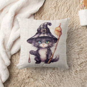 Black Cat Witches Hat Burlap Halloween Throw Pillow
