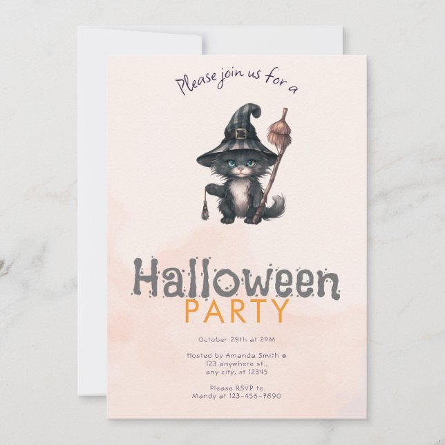 Black Cat Witches Hat Orange Halloween Party Invitation (Front)