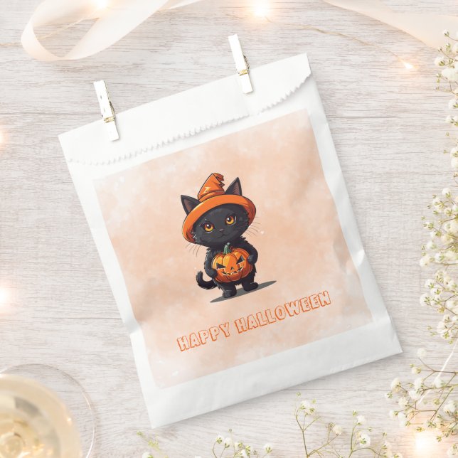 Black Cat Witches Hat Pumpkin Happy Halloween Favour Bag (Clipped)