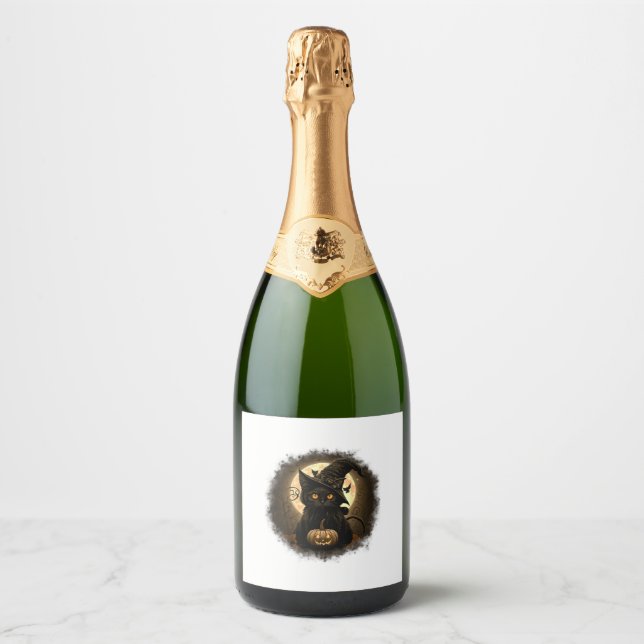 Black Cat Witchy Pumpkin Moon Spooky Halloween Wom Sparkling Wine Label (Front)