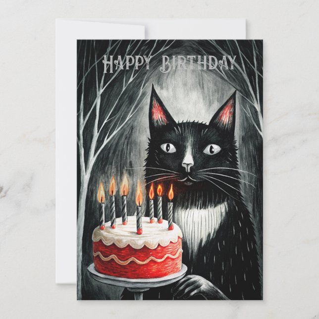 Black Cat With A Cake Gothic  Holiday Card (Front)