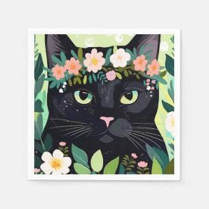 Black cat with a floral crown napkin