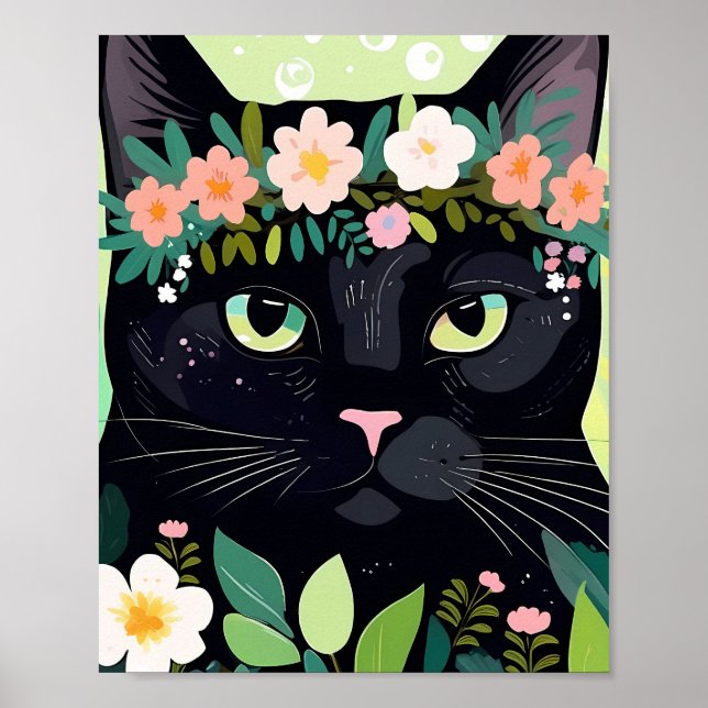 Black cat with a floral crown poster (Front)