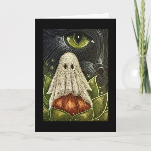 BLACK CAT WITH A GHOST HALLOWEEN Folded Note Card (Front)