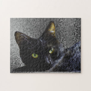 Black Cat with a Grey Pattern Background Puzzle