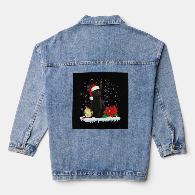 Black Cat With A Santa Hat Christmas Cat Costume Denim Jacket (Back)