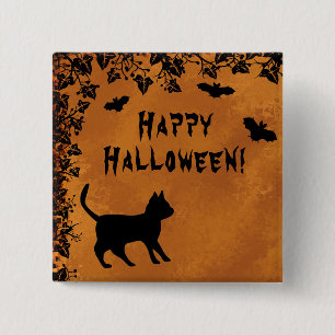 Black Cat with Bat , Happy Halloween 2 Inch Square Button