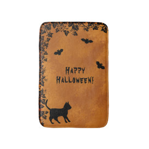 Black Cat with Bat , Happy Halloween Bath Mat