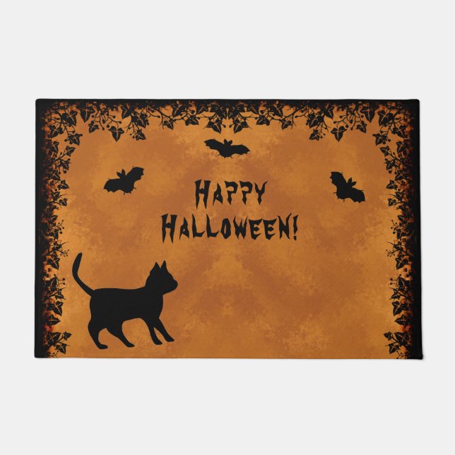 Black Cat with Bat , Happy Halloween Doormat (Front)