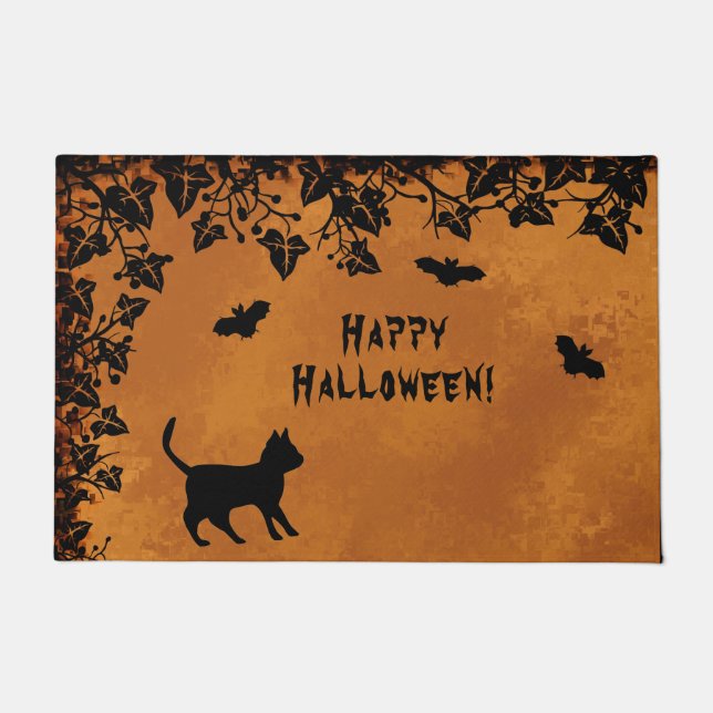 Black Cat with Bat , Happy Halloween Doormat (Front)